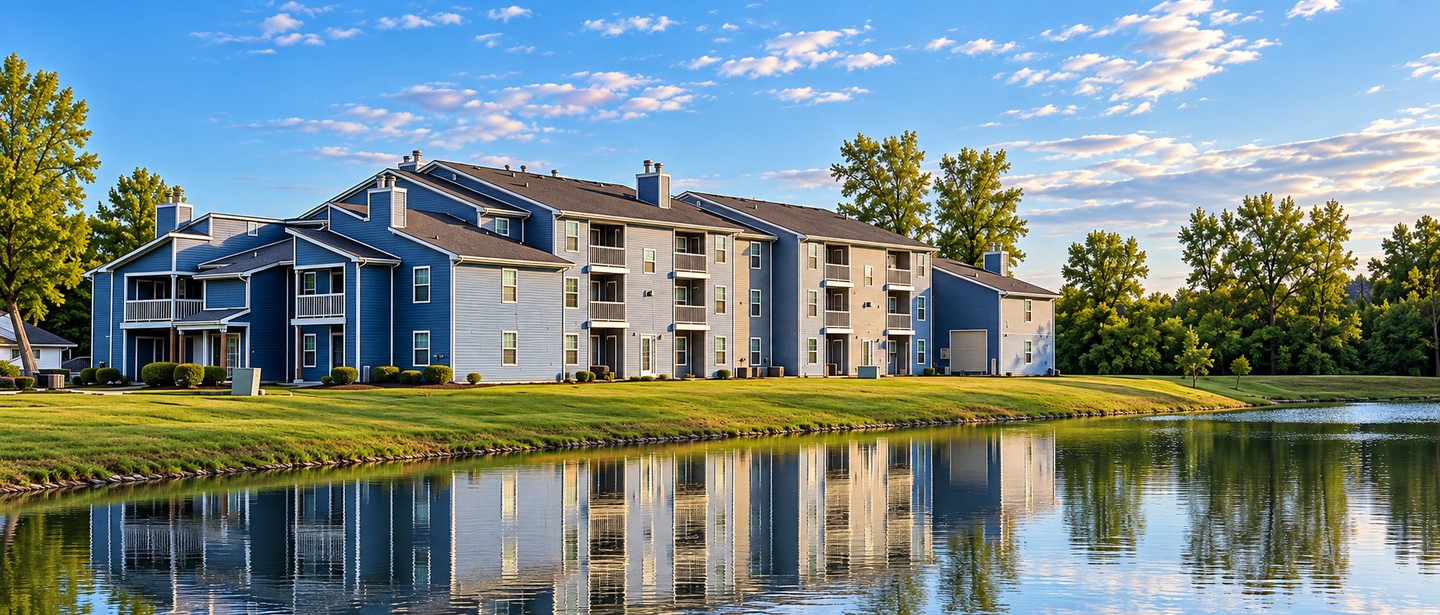 Chesapeake Landing apartment buildings with blue and gray siding beside a pond, with trees and a lawn along the waterfront